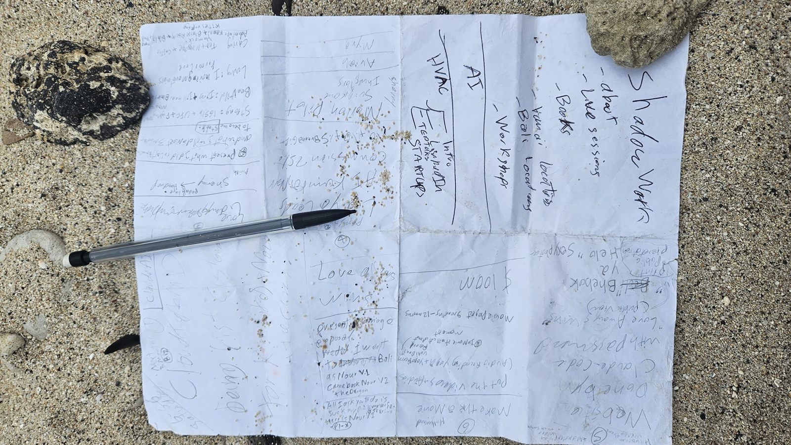 Handwritten Think and Swim notes resting on the sand in Bali