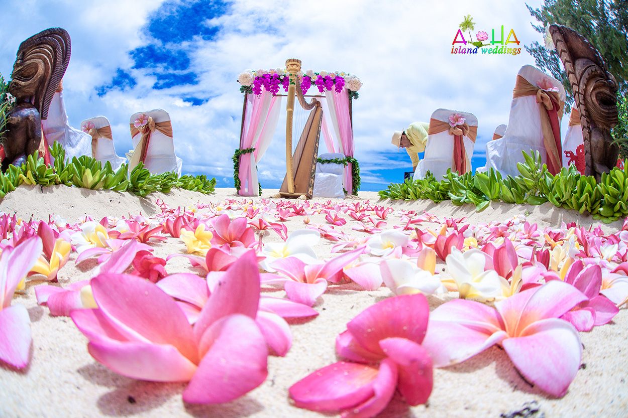 A Hawaiian beach wedding scene scattered with pink plumeria petals